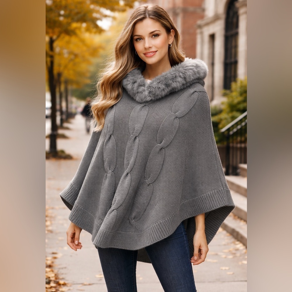 J. McLaughlin Gray Merino Wool Cape Poncho Rabbit Fur Hood M/L
